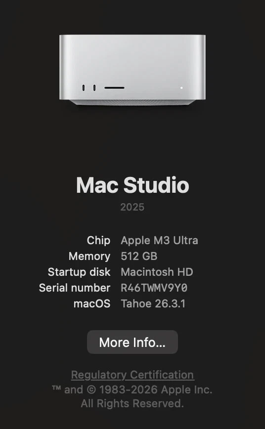 Used Apple Mac Studio M3 Ultra 512GB Memory 32-Core CPU 80-Core GPU 1TB SSD
