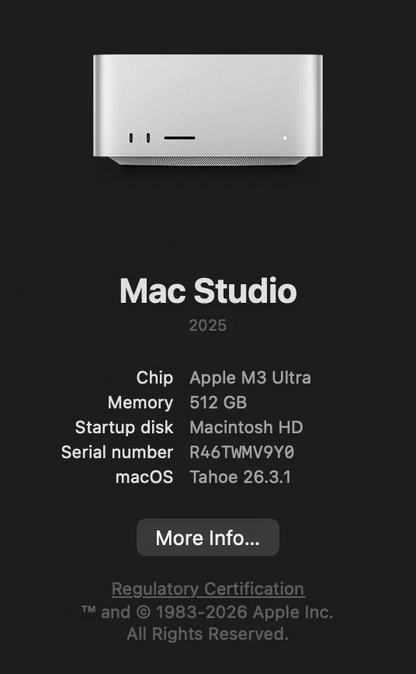 Used Apple Mac Studio M3 Ultra 512GB Memory 32-Core CPU 80-Core GPU 1TB SSD